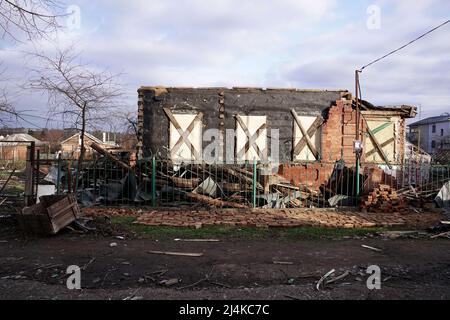 SUMY, UKRAINE - APRIL 14, 2022 - A house destroyed by Russian shelling is pictured in Sumy, northeastern Ukraine. Photo by Anna Voitenko/Ukrinform/ABACAPRESS.COM Stock Photo