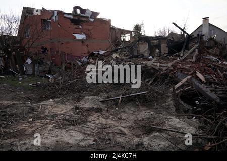 SUMY, UKRAINE - APRIL 14, 2022 - A building destroyed as a result of Russian shelling is pictured in Sumy, northeastern Ukraine. Photo by Anna Voitenko/Ukrinform/ABACAPRESS.COM Stock Photo