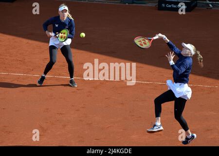 Prague, Czech Republic. 16th Apr, 2022. HARRIET DART and KATIE SWAN of Great Britain in action during the tennis qualification double match of Billie Jean King Cup between Czech Republic and Great Britain in Prague in the Czech Republic. (Credit Image: © Slavek Ruta/ZUMA Press Wire)