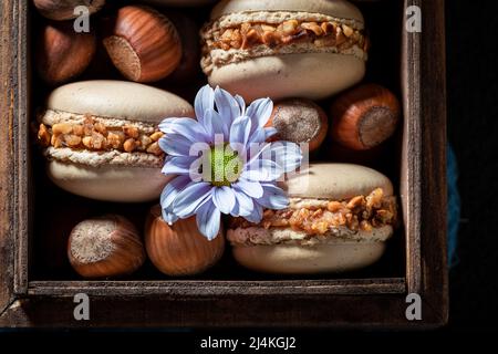 Delicious and fresh nuts macaroons in small wooden box. Sweet macaroons made of nuts. Stock Photo