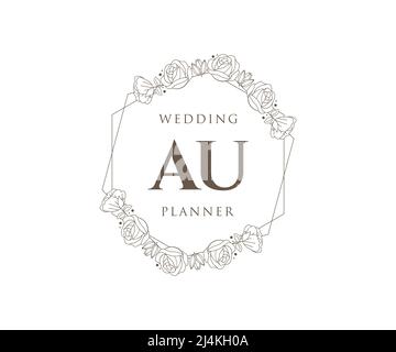 AU Initials letter Wedding monogram logos collection, hand drawn modern minimalistic and floral templates for Invitation cards, Save the Date, elegant Stock Vector
