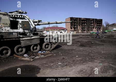 TROSTIANETS, UKRAINE - APRIL 15, 2022 - A destroyed Russian military vehicle is pictured on the street in the city liberated from Russian invaders, Tr Stock Photo