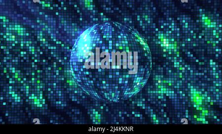 A ball of squared particles spinning and shimmering. Motion. 3D violet and green spherical object covered by disco dance tiles rotating on colorful Stock Photo