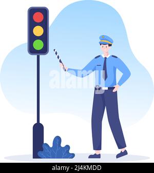 Police Officer Character Vector Illustration Using Uniform with Set Equipment in Flat Cartoon Style Stock Vector