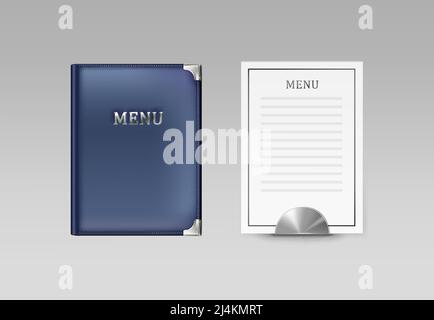 Vector blue cafe menu book holder and white card top view isolated on gray background Stock Vector