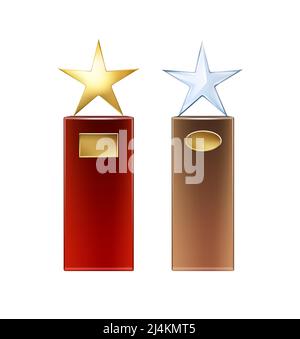 Vector golden, glass star trophies with big red, brown base and golden signboards for copyspace front view isolated on white background Stock Vector