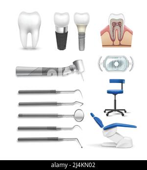 Vector set of different dental objects tools, lamp chair, drill, tooth implant and structure isolated on white background Stock Vector