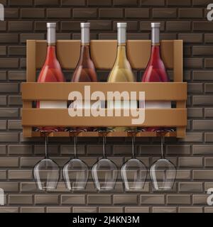 Vector wine bottles and wine glasses on wooden shelf in bar on bricks background Stock Vector