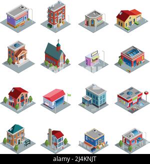 Different kinds of buildings isometric icons set with church stores and houses of different design on white background isolated vector illustration Stock Vector