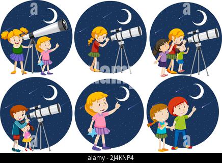 Set of different kids looking through telescope at night illustration Stock Vector