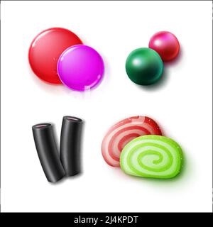 Vector set of different pink, green, red, black sweets, candies, bonbons and marmalades close up top view isolated on white background Stock Vector