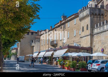 Citta di San Marino, San Marino, September 1, 2021: Narrow street in the old town of Citta di San Marino. Stock Photo