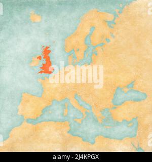 United Kingdom on the map of Europe in soft grunge and vintage style, like old paper with watercolor painting. Stock Photo