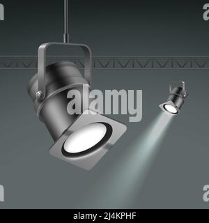 Vector ceiling illuminated spotlights close up side view isolated on dark grey background Stock Vector