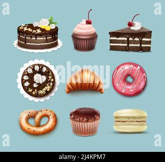 Vector confectionery set chocolate puff cake, french croissant, pretzel, cupcake with whipped cream and cherry, muffin, macaron top, side view isolate Stock Vector