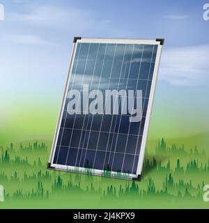 Vector isolated solar panel close up on the green grass over the blue cloudy sky Stock Vector