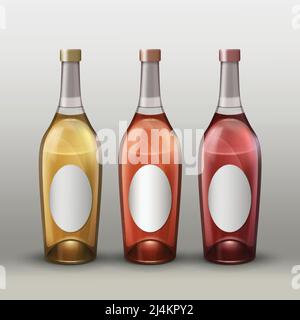 Vector set of full colored bottles with empty labels front view isolated on gradient background Stock Vector