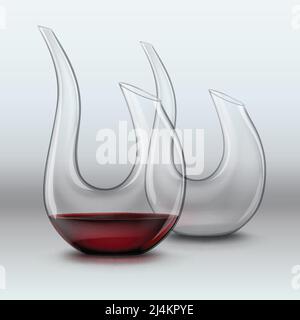 Vector illustration of graceful decanters, empty and with red wine on gray gradient background Stock Vector