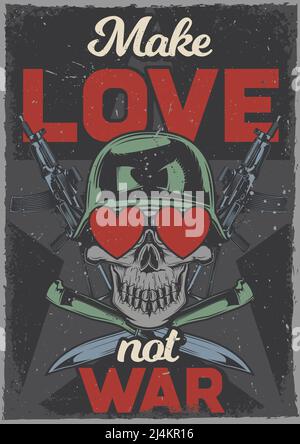 Poster design with illustration of a skull with hearts in its eyes, AK-47 and knives on vintage background. Stock Vector
