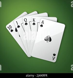 Vector casino playing cards or royal straight flush top view isolated on green poker table Stock Vector