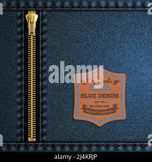 Blue denim cloth with zip and label background realistic vector illustration Stock Vector