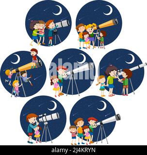 Set of different kids looking through telescope at night illustration Stock Vector