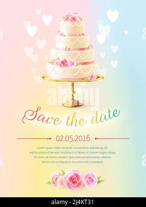 Wedding announcement invitation card with event date and classical tiered cake and heart symbols realistic vector illustration Stock Vector