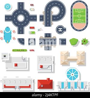 Top view set of city elements like various road junctions vehicles  plants and different buildings isolated vector illustrations Stock Vector