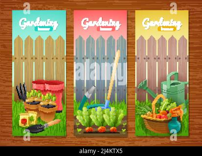 Colorful collection of gardening vertical banners with tools sprout in pots and garden beds and basket of harvest at wooden fence background flat vect Stock Vector