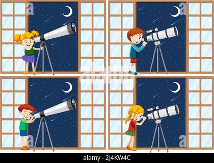 Set of different kids observe night sky with telescope illustration Stock Vector