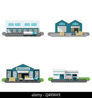 Warehouse building flat icons set with transportation vehicles isolated vector illustration Stock Vector