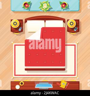 Bedroom top view design with bed TV lamps and flowers flat vector illustration Stock Vector