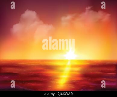 Beautiful sunrise over ocean with golden sun and dark red waves vector illustration Stock Vector