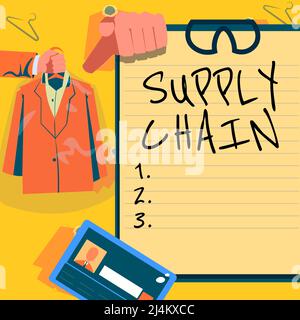 Hand writing sign Supply Chain. Business approach System of organization and processes from supplier to consumer Hands Holding Uniform Showing New Stock Photo