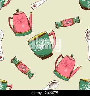 Vintage pattern with kettle, cup and candy. Background with coffee ir tea drink, food, vector illustration Stock Vector