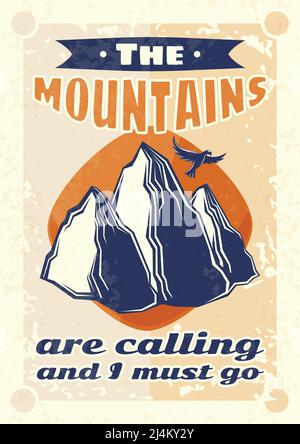 Vintage poster design with illustration of mountains and an eagle on the background. Stock Vector