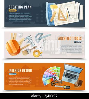 Three horizontal banners with construction tools for architect and interior designer flat isolated on white background vector illustration Stock Vector