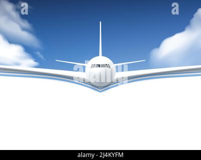 Realistic poster white Airplane flying in the sky with white bottom abstract background vector illustration Stock Vector