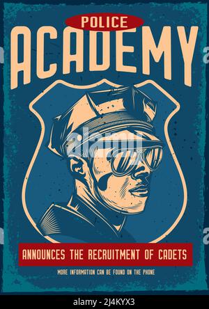 Poster design with illustration of a policeman on vintage background. Stock Vector