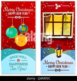 Christmas vertical banners with christmas decorations snowfall and happy new year invitation text flat vector illustration Stock Vector