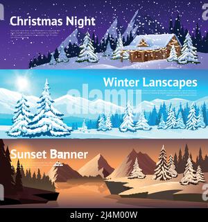 Winter landscape horisontal banners with house forest river and mountains in different daytimes vector illustration Stock Vector