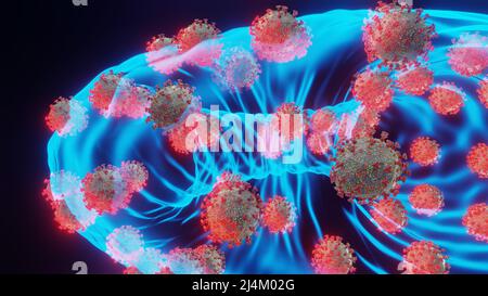 Mutated Omicron SARS-CoV-2 viruses. Electron microscope transparent enlargement size computer model, 3D rendering. Stock Photo