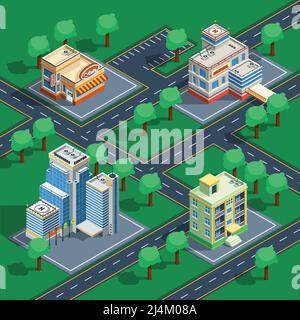 Isometric decorative icon set with buildings placed on the abstract streets with trees around vector illustration Stock Vector