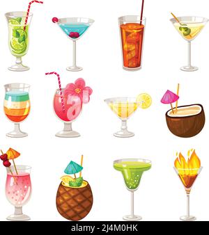 Icons set of different night club bar and tropic alcohol cocktails isolated vector illustration Stock Vector