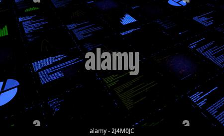 Color abstraction.Animation. A black background on which inscriptions are displayed in abstraction and there are some graphics. Stock Photo