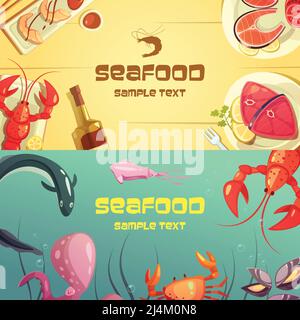 Horizontal color banners with title depicting seafood lobster crab octopus sushi salmon tuna vector illustration Stock Vector