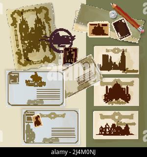 Hand drawn vintage postcards set with world landmarks scrapbooking template vector illustration Stock Vector