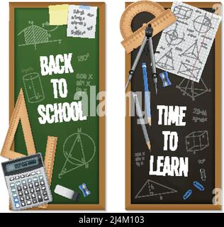 Mathematic science vertical banners look like chalkboards with title drawing solutions and calculation equipment and stationery vector illustration Stock Vector