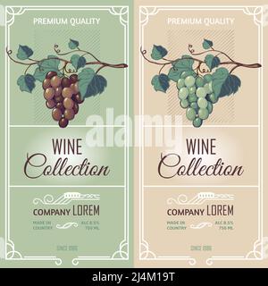 Two vertical banners in retro style representing vine label advertising wine collection premium quality flat vector illustration Stock Vector