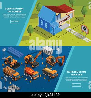 Two construction isometric banners with layout of country house vehicles for road works trucks and tippers flat vector illustration Stock Vector